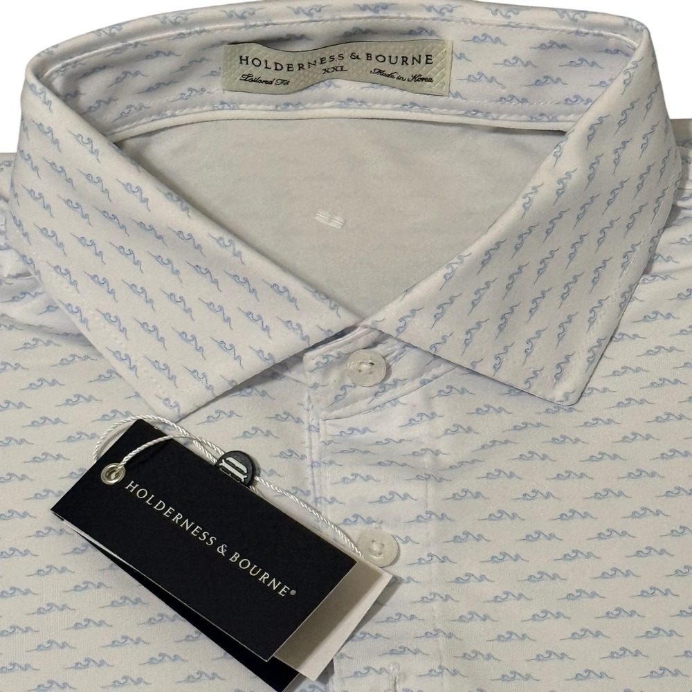 Holderness & Bourne Whitecap Shirt Skye Blue Wave Print Polo XXL Tailored Fit‎